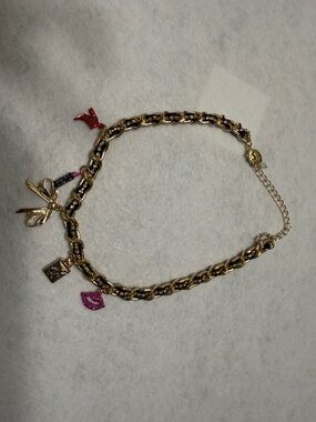 Betsey Johnson Gold Charm Necklace with Pink and Red Accents